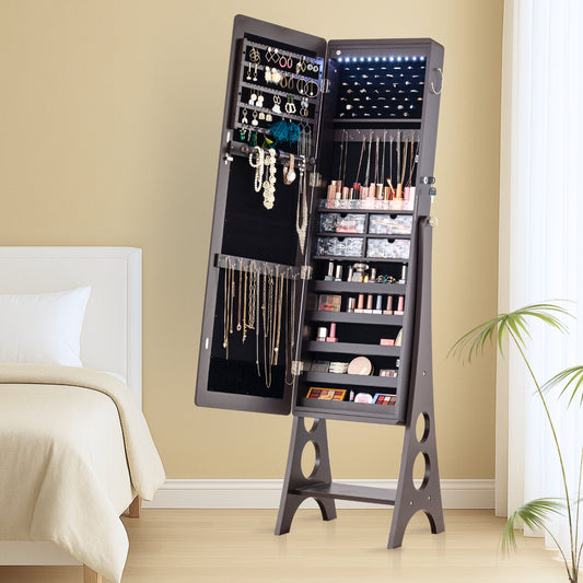 BTEXPERT Mirror Jewelry Cabinet Standing, Large Storage Jewelry Armoire, Full-Length Frameless Mirror with Jewelry Storage, 12 LED Lockable Standing Jewelry Organizer Brown