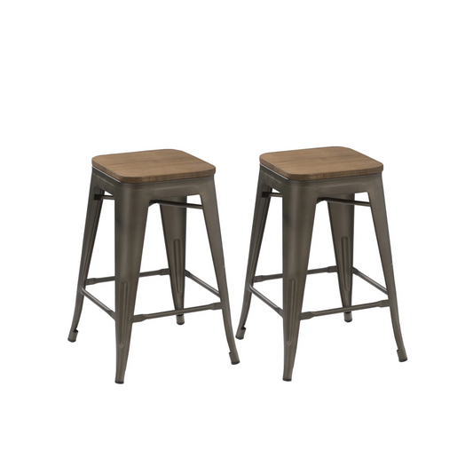 24" Antique Bronze Distressed Metal Barstools Handmade Wood top - Set of 2