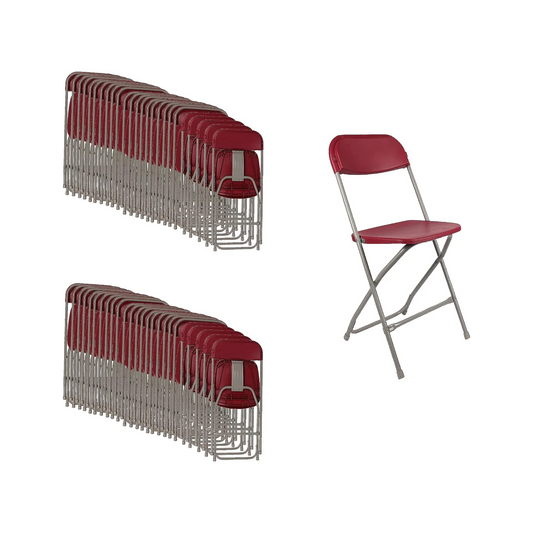 100 Red Plastic Folding Chairs Steel Frame, High-Capacity, Lightweight for Office, Wedding, Party, Picnic, Dining, School - Set of 100
