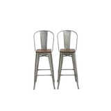 24" Clear Metal Antique Counter height Bar Stool Chair High Back Wood seat - Set of 2