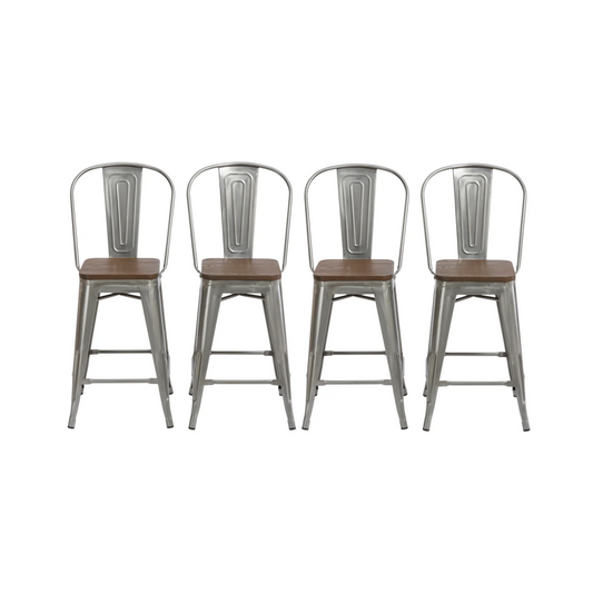 24" Clear Metal Antique Counter height Bar Stool Chair High Back Wood seat - Set of 4