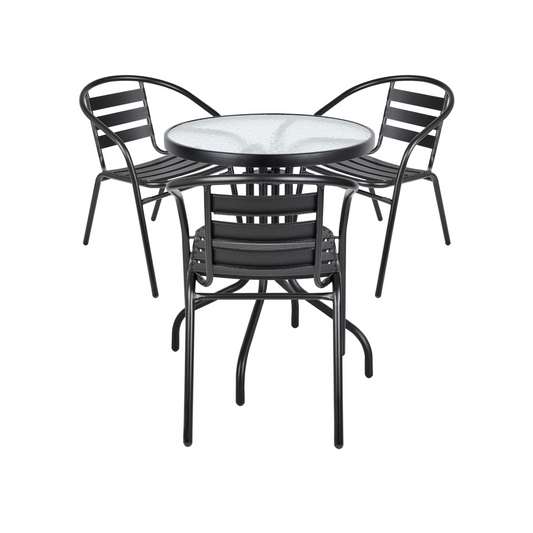 BTExpert 23.75" Round Black Glass Table + 3 Black Metal Slat Chairs, Indoor Outdoor Lightweight