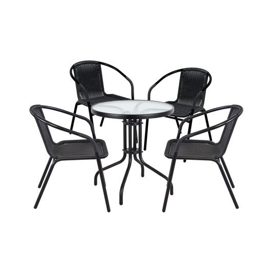 BTExpert 23.75" Round Glass Metal Table + 4 Black Rattan Chairs, Indoor Outdoor Commercial Lightweight