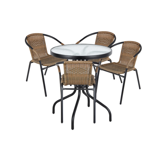 BTExpert 23.75" Round Glass Metal Table + 4 Brown Rattan Chairs, Indoor Outdoor Commercial Lightweight