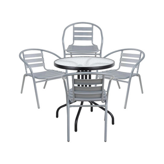 BTExpert 23.75" Round Glass Metal Table Black with 4 Silver Gray Slat Stack Chairs, Indoor Outdoor Commercial