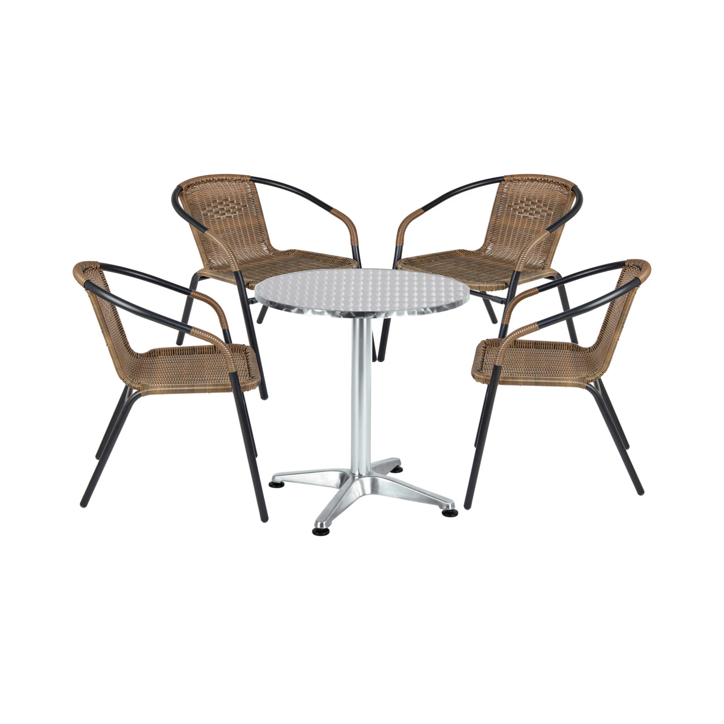 BTExpert 23.75" Round Indoor Outdoor Steel Table + 4 Brown Rattan Stack Chairs Commercial Lightweight