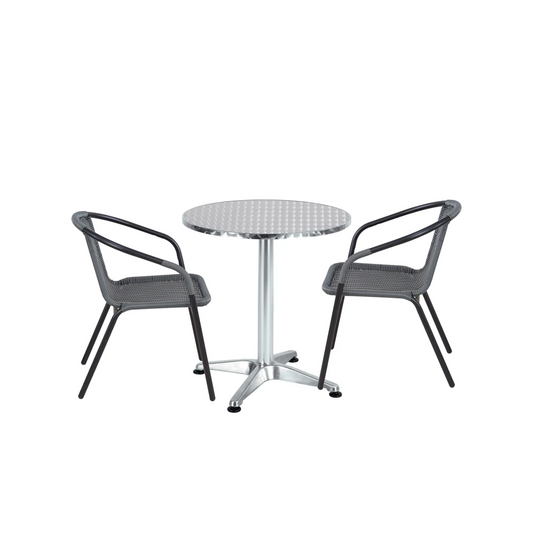 BTExpert 23.75" Round Steel Table & 2 Gray Rattan Stack Chairs, Indoor Outdoor Lightweight Commercial