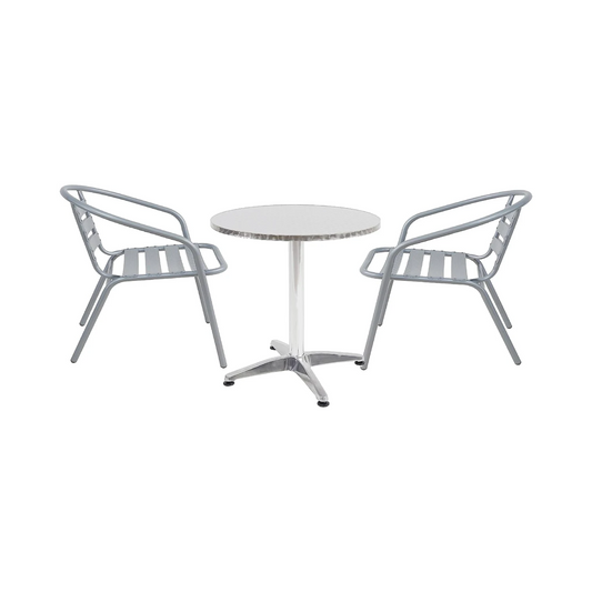 BTExpert 23.75" Round Stainless Steel Table + 2 Silver Gray Slat Chairs, Indoor Outdoor Commercial Lightweight