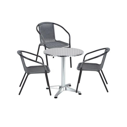 BTExpert 23.75" Round Stainless Steel Table + 3 Gray Rattan Stack Chairs, Indoor Outdoor Commercial Lightweight