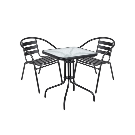 BTExpert 23.75" Square Black Glass Table + 2 Black Metal Slat Chairs, Indoor Outdoor, Lightweight