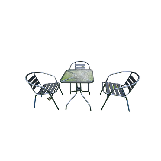 BTExpert 23.75" Square Black Glass Table with 3 Metal Slat Chairs, Indoor Outdoor, Lightweight