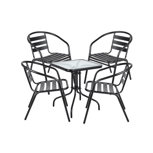 BTExpert 23.75" Square Glass Metal Table + 4 Black Metal Slat Stack Chairs, Indoor Outdoor Commercial Lightweight