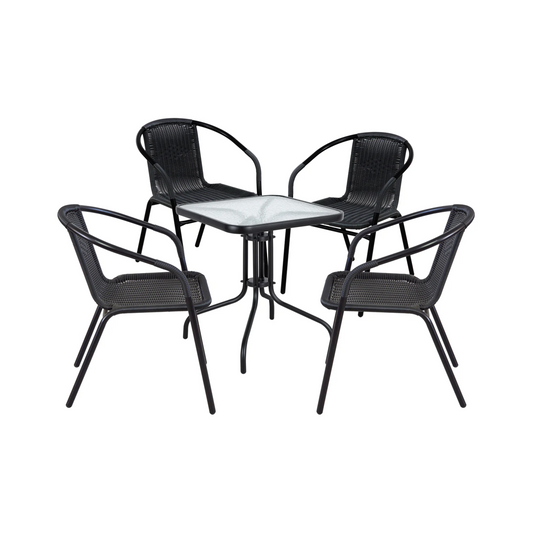 BTExpert 23.75" Square Glass Metal Table + 4 Black Rattan Stack Chairs, Indoor Outdoor Commercial Lightweight