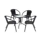 BTExpert 23.75" Square Glass Metal Table + 4 Black Rattan Stack Chairs, Indoor Outdoor Commercial Lightweight