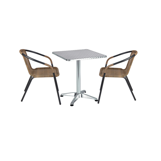 BTExpert 23.75" Square Indoor Outdoor Stainless Steel Table + 2 Brown Rattan Stack Chairs Commercial Lightweight
