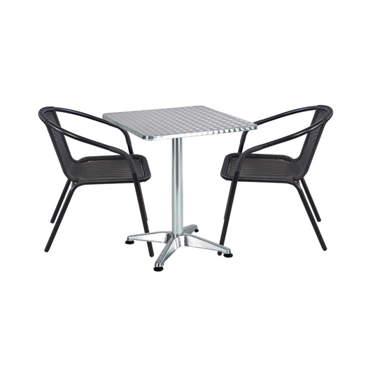 BTExpert 23.75" Square Restaurant Table Steel Silver Aluminum + 2 Black Rattan Chairs Indoor Outdoor Commercial Lightweight