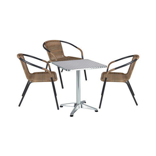 BTExpert 23.75" Square Stainless Steel Table + 3 Brown Rattan Stack Chairs, Indoor Outdoor Commercial Lightweight
