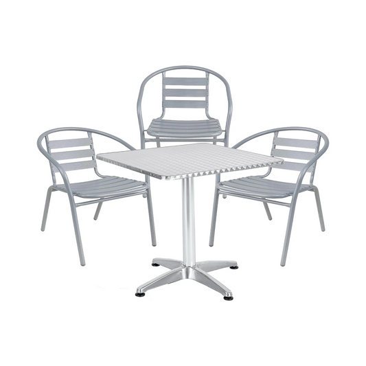 BTExpert 23.75" Square Stainless Steel Table + 3 Silver Gray Slat Chairs, Indoor Outdoor Commercial Lightweight
