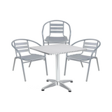 BTExpert 23.75" Square Stainless Steel Table + 3 Silver Gray Slat Chairs, Indoor Outdoor Commercial Lightweight