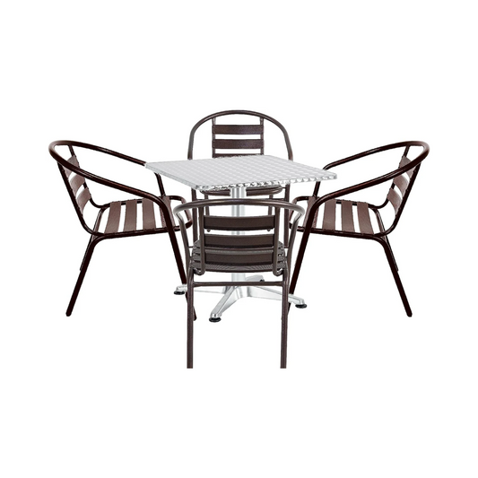 BTExpert 23.75" Square Stainless Steel Table + 4 Bronze Slat Chairs, Indoor Outdoor Commercial Lightweight