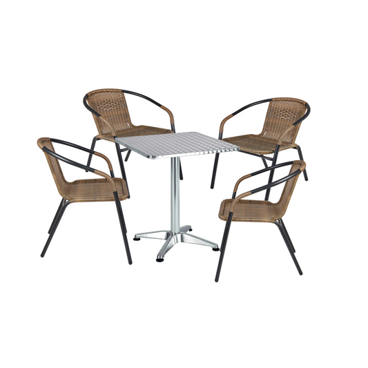 BTExpert 23.75" Square Stainless Steel Table + 4 Brown Rattan Stack Chairs, Indoor Outdoor Commercial Lightweight