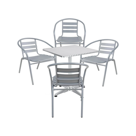 BTExpert 23.75" Square Stainless Steel Table + 4 Silver Gray Slat Chairs, Indoor/Outdoor Commercial