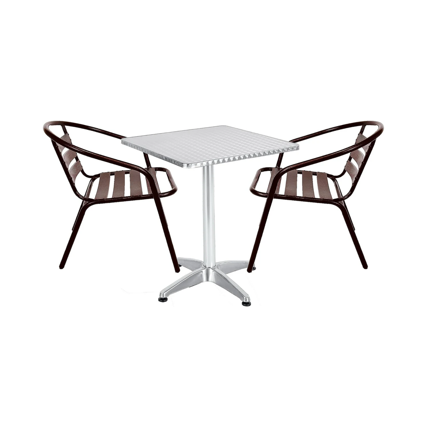 BTExpert 23.75" Square Stainless Table + 2 Bronze Slat Chairs, Indoor Outdoor Commercial Lightweight
