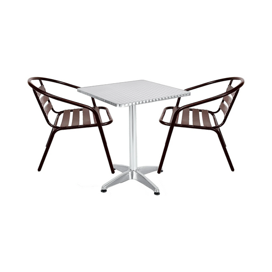 BTExpert 23.75" Square Stainless Table + 2 Bronze Slat Chairs, Indoor Outdoor Commercial Lightweight