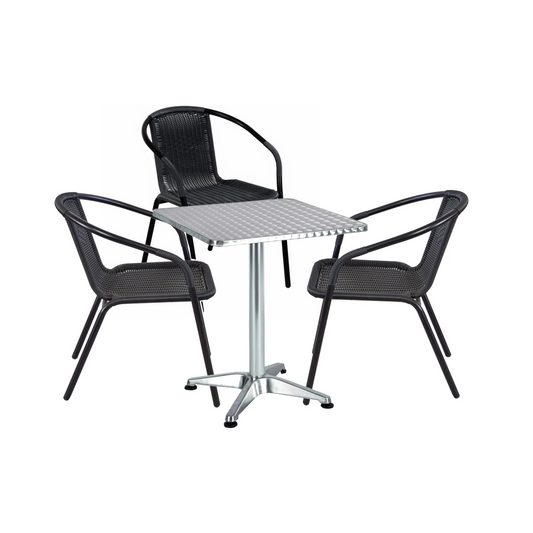 BTExpert 23.75" Square Silver Table + 3 Black Rattan Stack Chairs, Indoor/Outdoor Commercial Lightweight Set