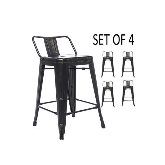 BTExpert 24" Golden Black Distressed Metal Counter Height Stool, Low Back, Indoor Outdoor - Set of 4