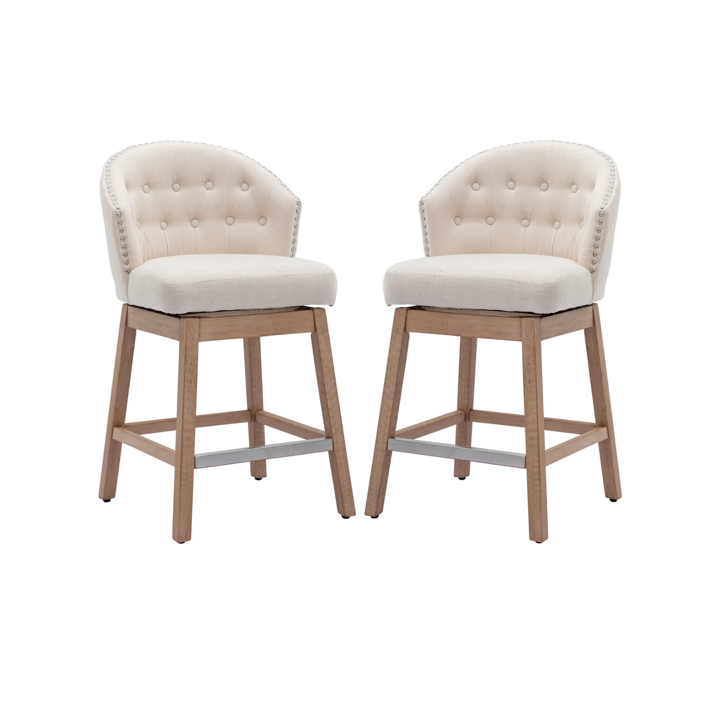 BTExpert 26" Beige Linen Wingback Bar Stools, Diamond Tufted, Padded Seat, Solid Wood Legs - Set of 2