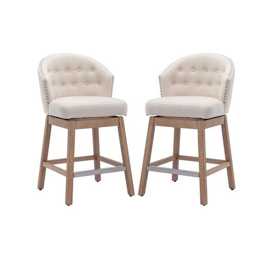 BTExpert 26" Beige Linen Wingback Bar Stools, Diamond Tufted, Padded Seat, Solid Wood Legs - Set of 2