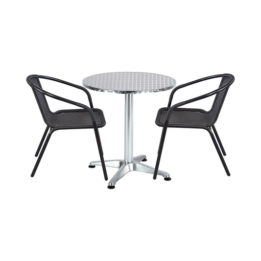 BTExpert 27.5" Round Restaurant Table Stainless Steel with 2 Black Rattan Stack Chairs, Indoor Outdoor Commercial Lightweight
