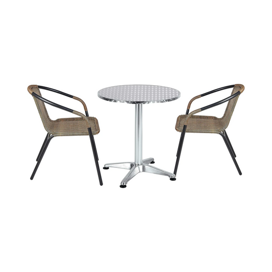 BTExpert 27.5" Round Restaurant Table Stainless Steel with 2 Brown Rattan Stack Chairs, Indoor Outdoor Commercial Lightweight