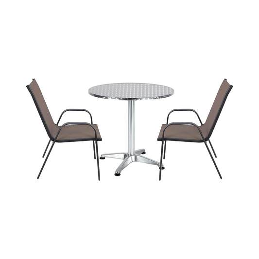 BTExpert 27.5" Round Restaurant Table Stainless Steel with 2 Brown Sling Stack Chairs, Indoor Outdoor Commercial Lightweight