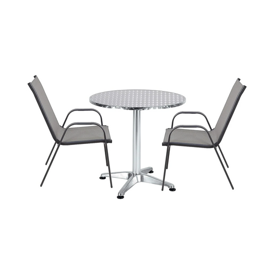BTExpert 27.5" Round Restaurant Table Stainless Steel with 2 Gray Sling Stack Chairs, Indoor Outdoor Commercial Lightweight