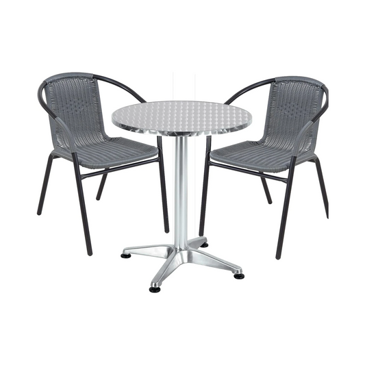 BTExpert 27.5" Round Restaurant Table Stainless Steel with 2 Gray Rattan Stack Chairs, Indoor Outdoor Commercial Lightweight