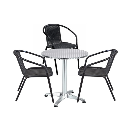 BTExpert 27.5" Round Restaurant Table Stainless Steel with 3 Black Rattan Stack Chairs, Indoor Outdoor Commercial Lightweight