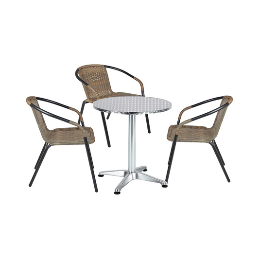 BTExpert 27.5" Round Restaurant Table Stainless Steel with 3 Brown Rattan Stack Chairs, Indoor Outdoor Commercial Lightweight