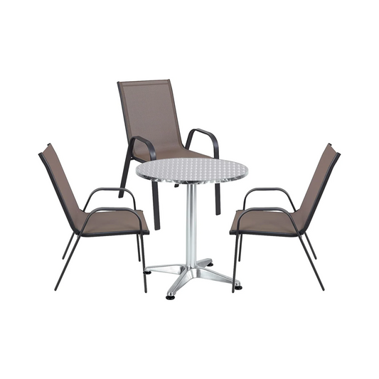 BTExpert 27.5" Round Restaurant Table Stainless Steel with 3 Brown Sling Stack Chairs, Indoor Outdoor Commercial Lightweight