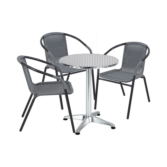 BTExpert 27.5" Round Restaurant Table Stainless Steel with 3 Gray Rattan Stack Chairs, Indoor Outdoor Commercial Lightweight