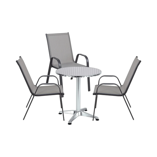 BTExpert 27.5" Round Restaurant Table Stainless Steel with 3 Gray Sling Stack Chairs, Indoor Outdoor Commercial Set, Lightweight