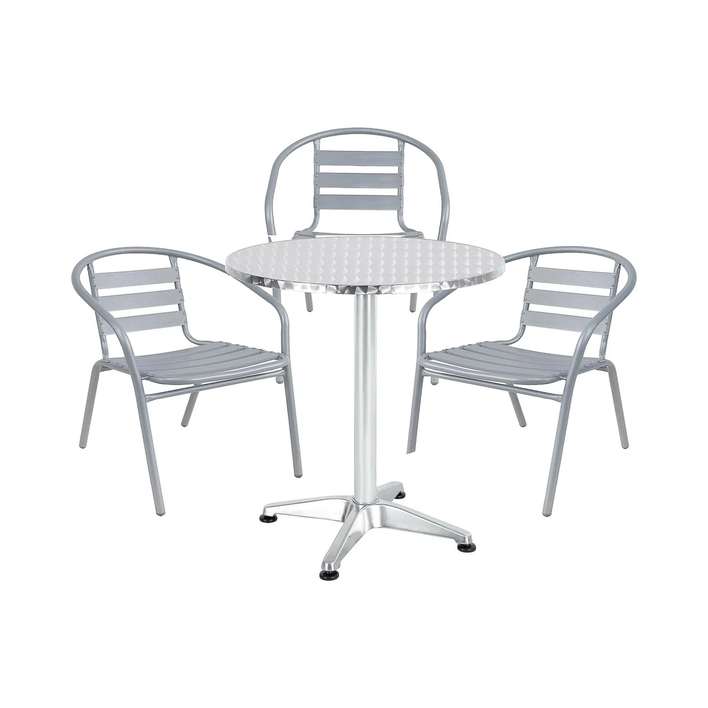 BTExpert 27.5" Round Restaurant Table Stainless Steel with 3 Silver Gray Slat Stack Chairs, Indoor Outdoor Commercial Lightweight