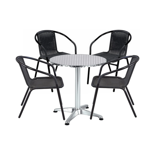 BTExpert 27.5" Round Restaurant Table Stainless Steel with 4 Black Rattan Stack Chairs, Indoor Outdoor Commercial Lightweight