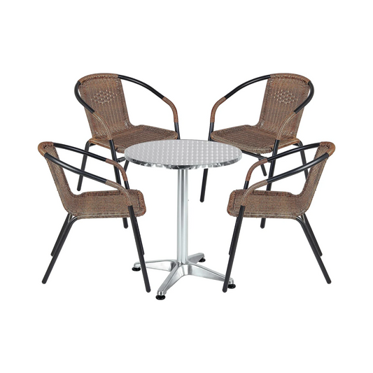 BTExpert 27.5" Round Restaurant Table Stainless Steel with 4 Brown Rattan Stack Chairs, Indoor Outdoor Commercial Lightweight