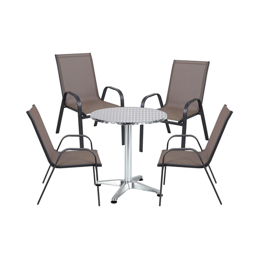 BTExpert 27.5" Round Restaurant Table Stainless Steel with 4 Brown Sling Stack Chairs, Indoor Outdoor Commercial Lightweight
