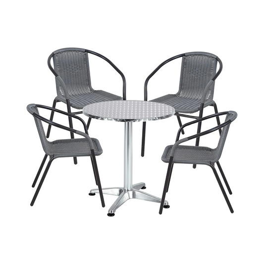 BTExpert 27.5" Round Restaurant Table Stainless Steel with 4 Gray Rattan Stack Chairs, Indoor Outdoor Commercial Lightweight