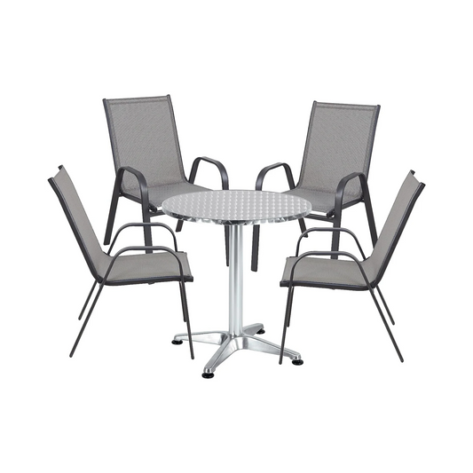 BTExpert 27.5" Round Restaurant Table Stainless Steel with 4 Gray Sling Stack Chairs, Indoor Outdoor Commercial Set, Lightweight
