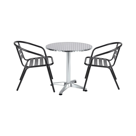 BTExpert 27.5" Round Stainless Steel Table + 2 Black Slat Chairs, Indoor Outdoor Commercial Lightweight
