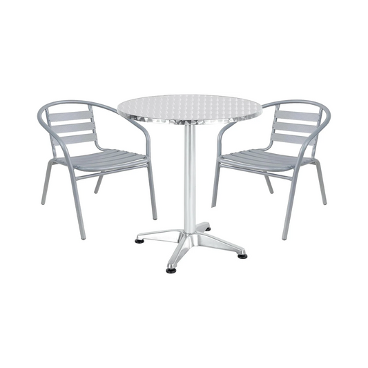 BTExpert 27.5" Round Stainless Steel Table + 2 Silver Gray Slat Chairs, Indoor Outdoor Commercial Lightweight